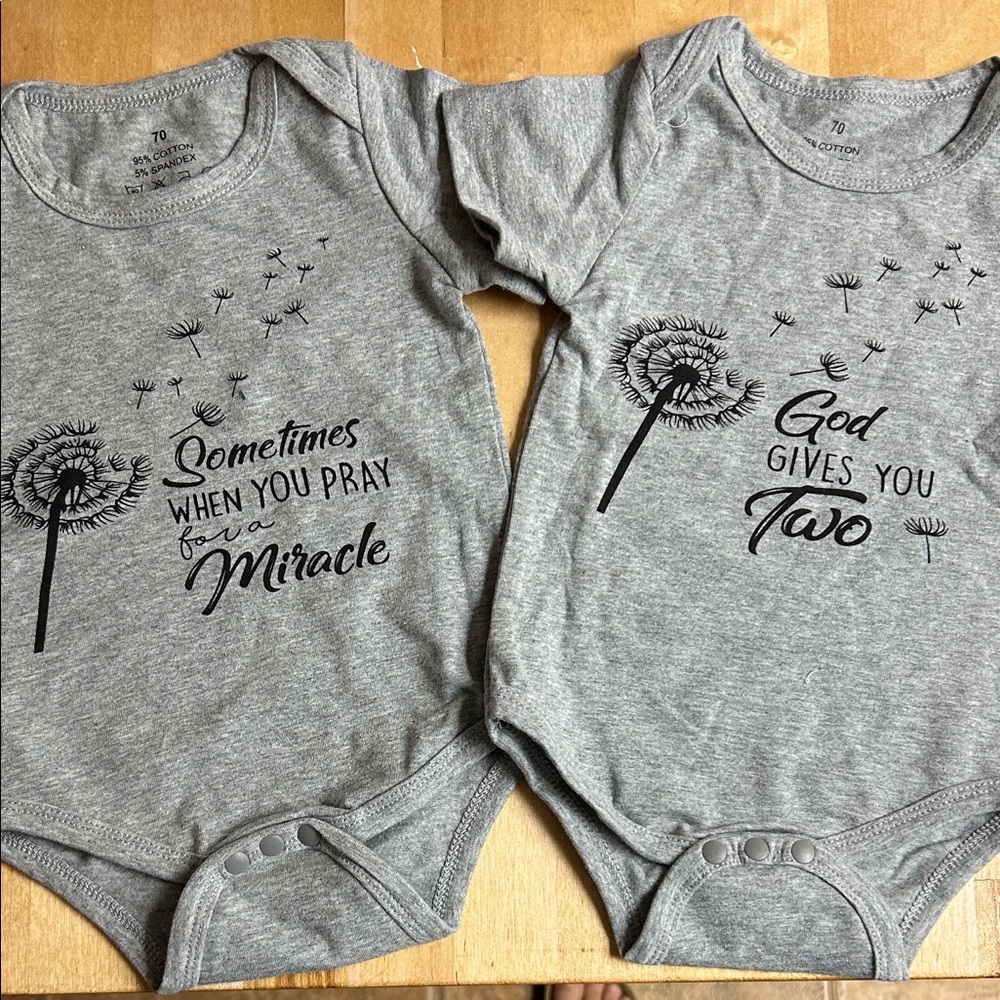 Twin Gray Baby Onesie Set "Sometimes When You Pray" / "God Gives You Two"